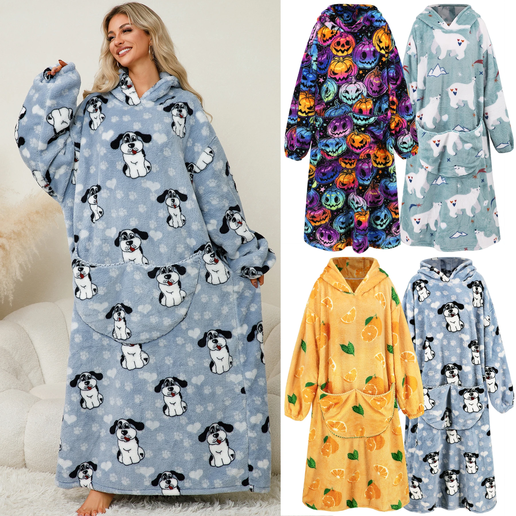 

Winter Lady’s Night Hooded Thick Gown Keep Warm Homewear Blanket Long Sleeve Ankle-Length Loose Pullover Women Dress