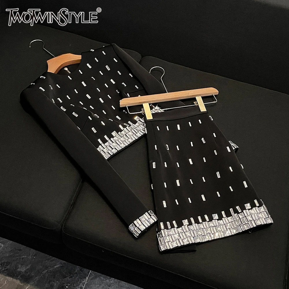 

TWOTWINSTYLE Design Sense Solid Two Piece Sets For Women Round Neck Long Sleeve Top High Waist Skirt Chic Set Female KSE525100