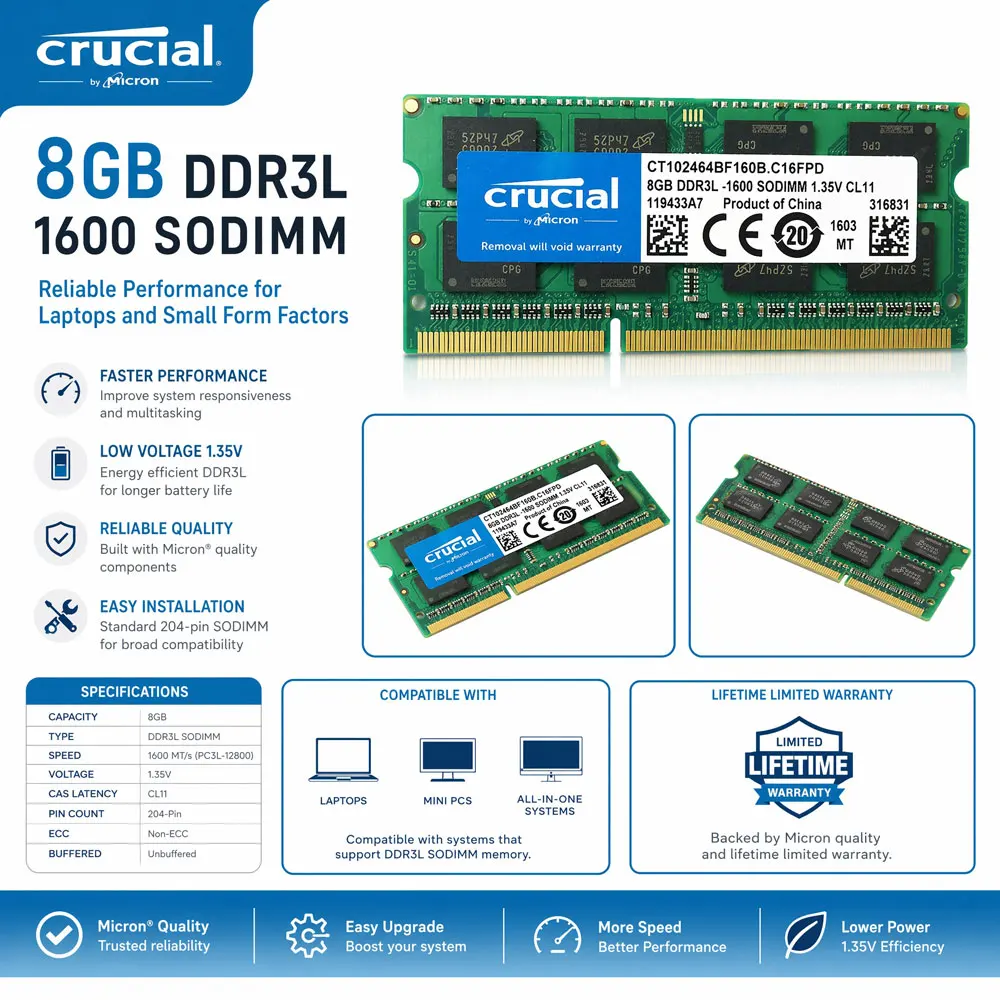 Crucial DDR3 DDR3L Laptop Memory RAM 8GB 1600MHz 8GB 1866MHz PC3-12800 PC3L-12800 14900 Notebook 1.5V/1.35V SODIMM For Intel&AMD