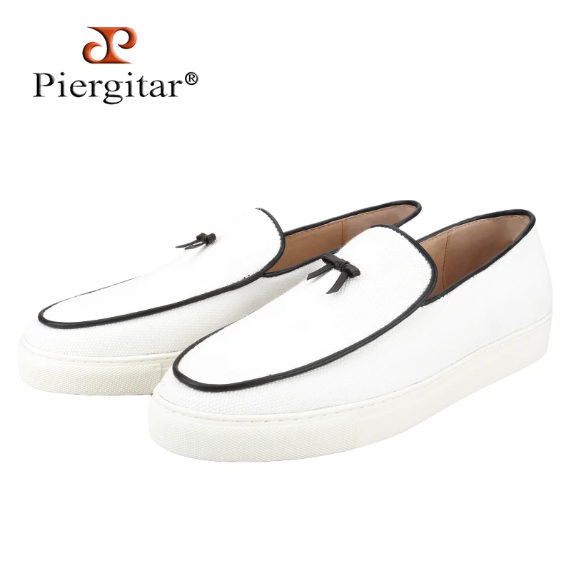 Piergitar White Canvas Low Top Sneakers With Handcrafted Leather Tie Design Slip-On Men's Casual Shoes Height Increasing Bottom