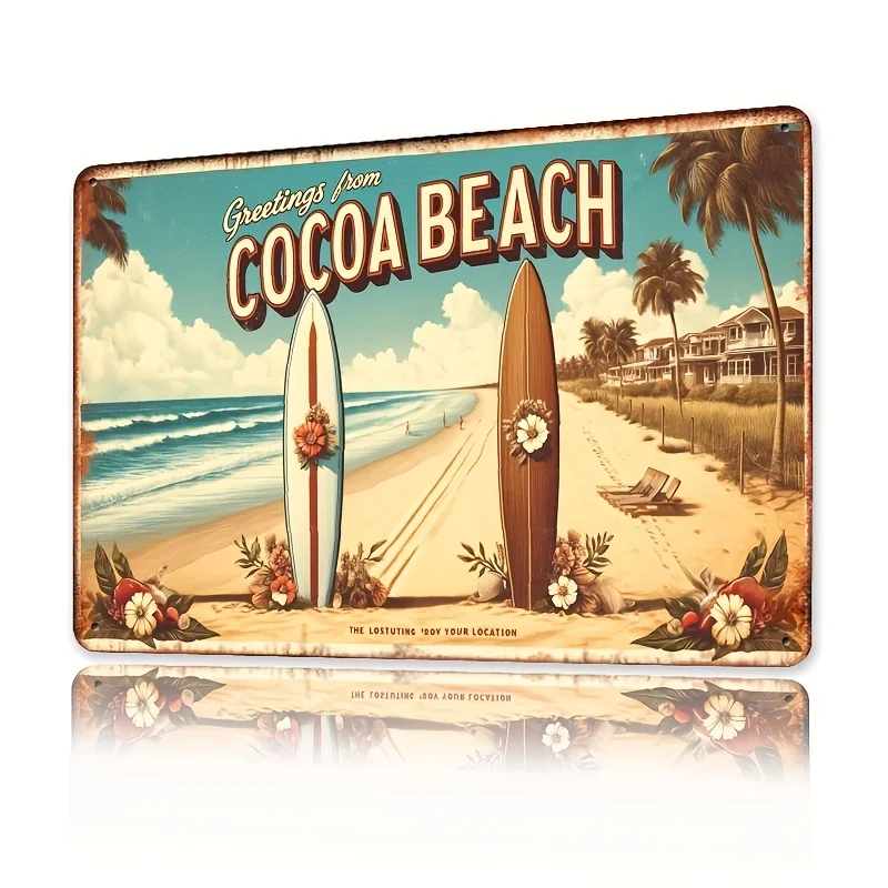 Letrero Metálico Vintage Cocoa Beach, Diseño Retro de Surf y Árboles, para Decoración del Hogar/Bar/Cafetería, con la Frase "Saludos desde la Playa"