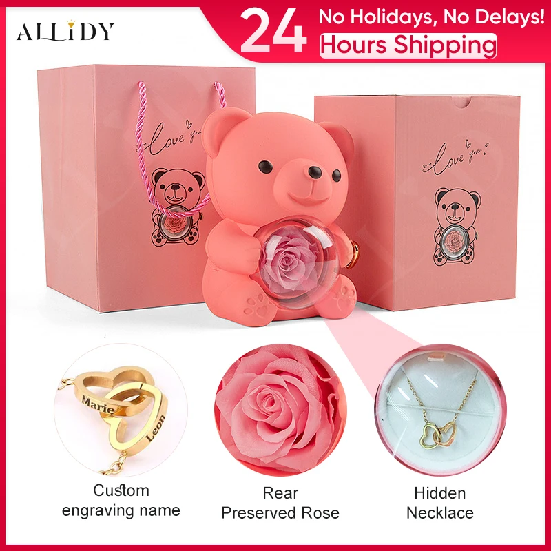 Real Preserved Eternal Rose Teddy/Hugging Bear with Engraved Name Necklace Jewelry Box Mothers Day Birthday Holiday Gifts Women