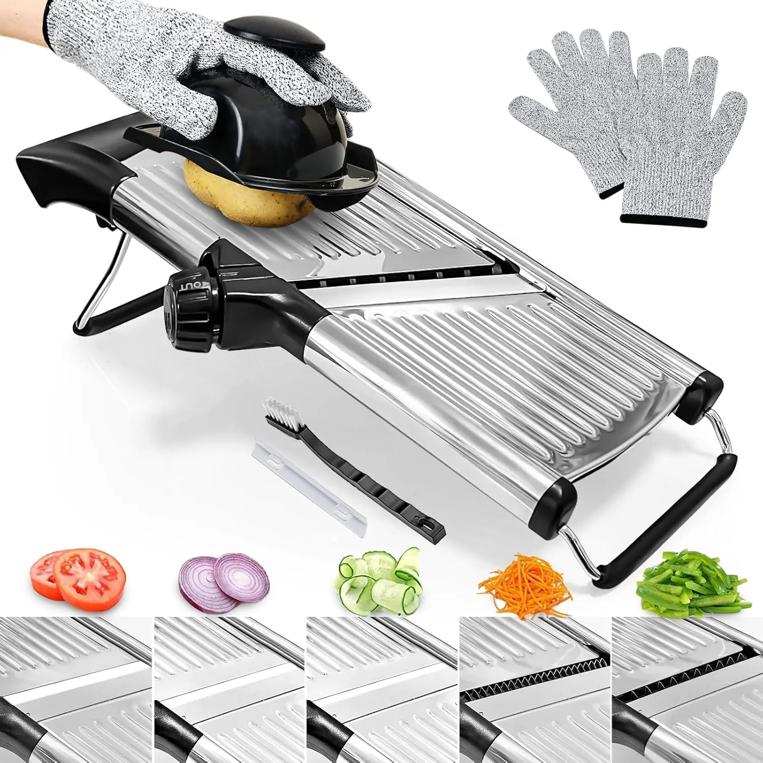 

Adjustable Stainless Steel Mandoline Slicer with Cut-Resistant Gloves for Kitchen Vegetable Onion Tomato