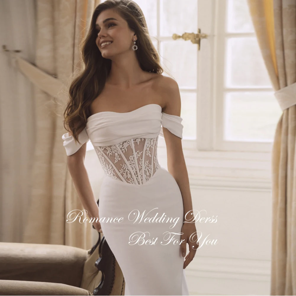 Moderno laço plissado fora do ombro sereia vestido de casamento sem alças aberto volta botões tribunal trem vestidos de novia personalizado
