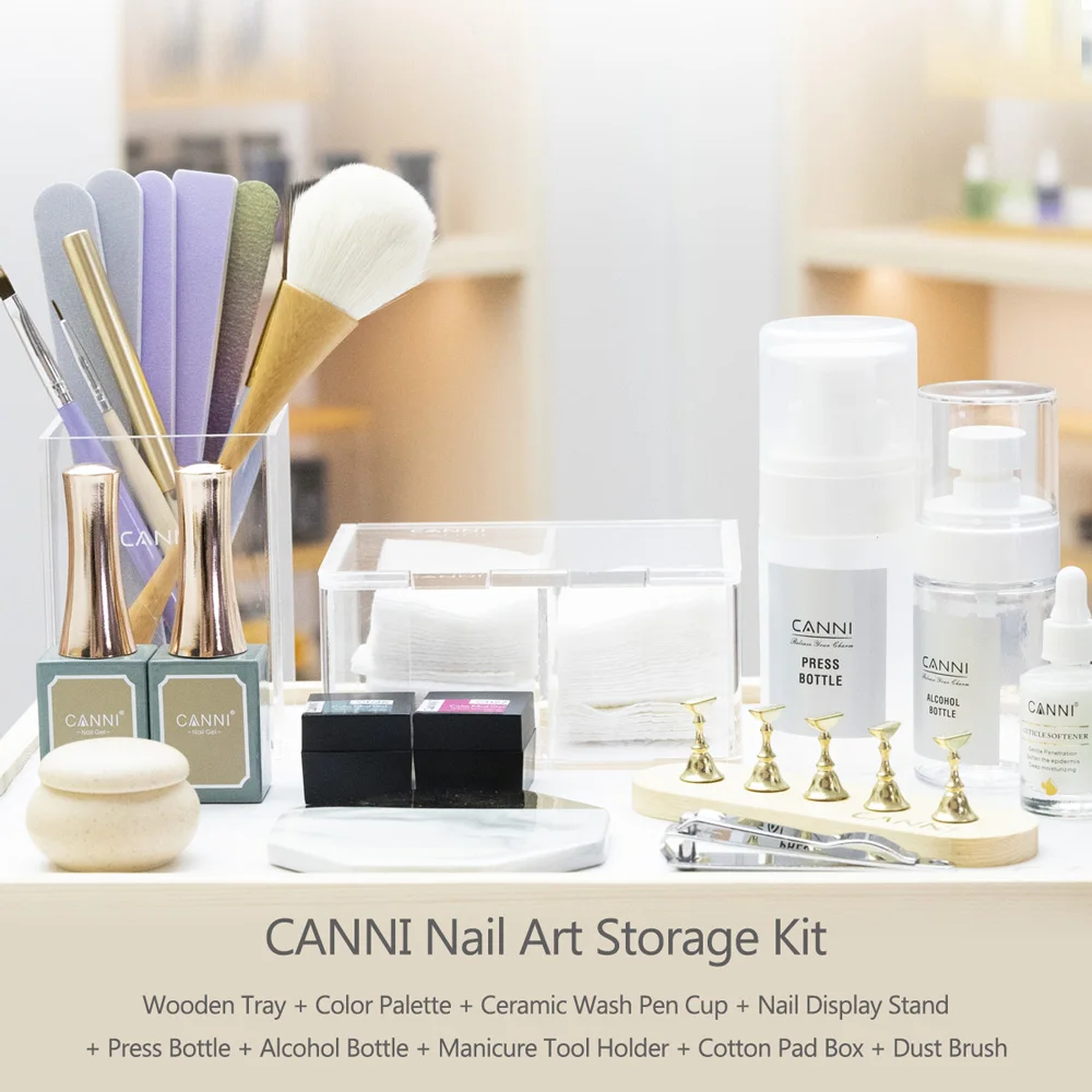 CANNI 9PCS Nail Art Storage Organizer Set Manicure Tool Holder Press Bottle Dust Brush Nail Display Stand Tray Salon Accessories