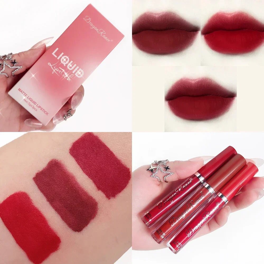 Ensemble de Rouge à Lèvres Liquide, 256 Velours, Pâte de Haricots Brillants, Hydrate, Longue Durée, Kit de Maquillage Cosmétique, 3 Pièces