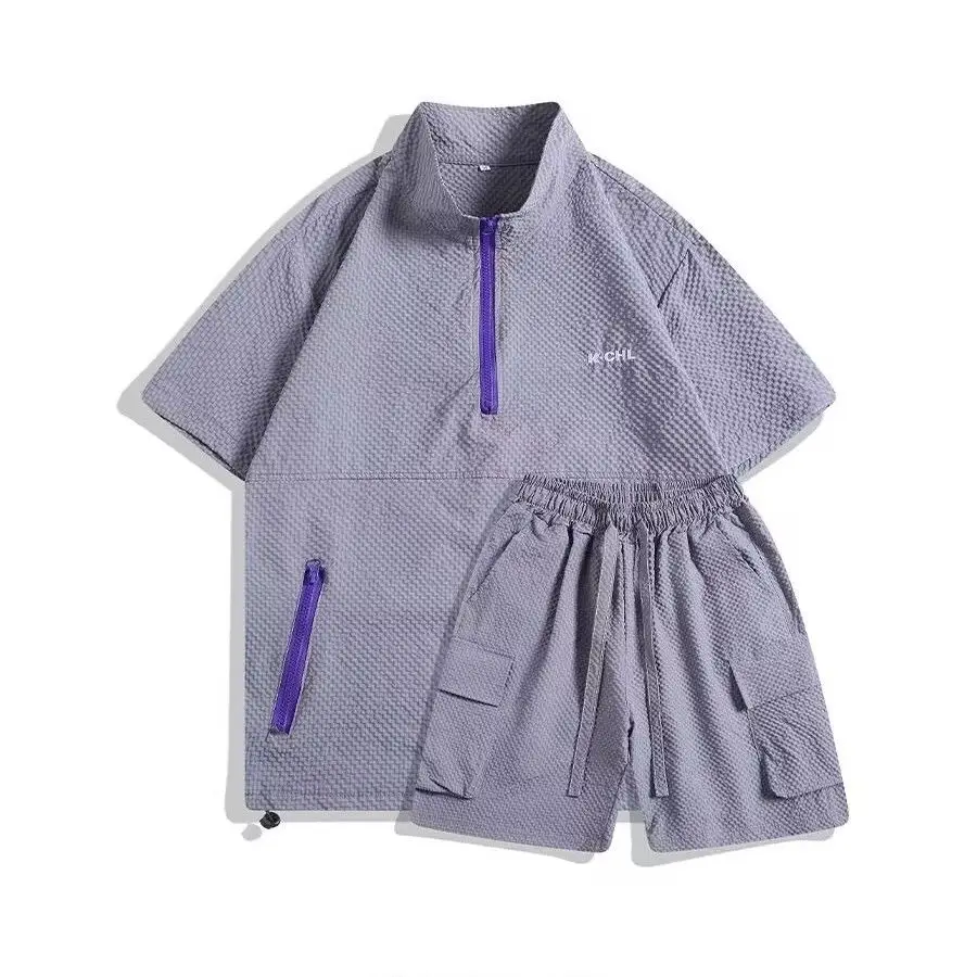 

Casual Bubble Lightweight Summer Set Cool Feeling Zipper Stylish Tshirt Shorts Couples American Trendy 2pcs Short-sleeved Shorts