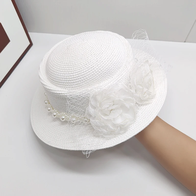オリジナルジャズスタイル女性用夏麦わら帽子ビーチバケーション甘い気質織り日よけ帽子パールフラワーメッシュハット