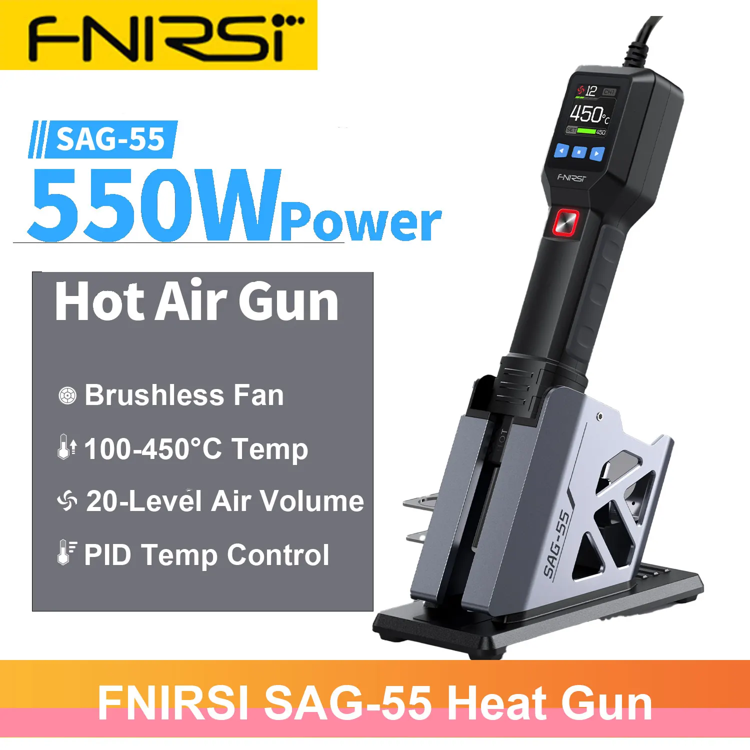 

FNIRISI SAG-55 High-temperature Hot Air Gun 550W Handheld Portable Small Desoldering Station Mini Mobile Phone Repair High Power