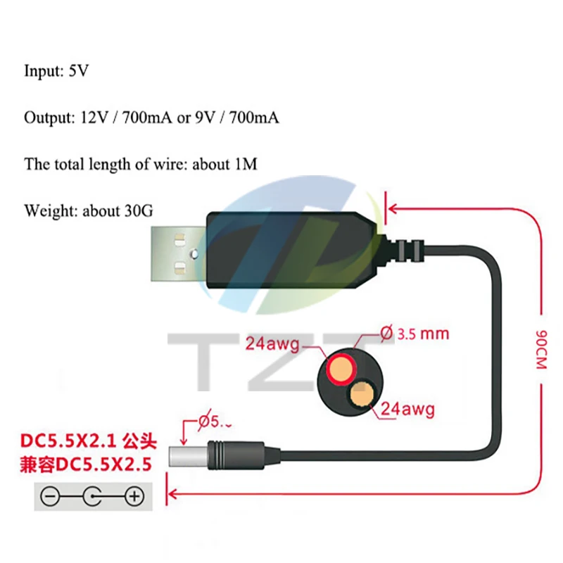 스텝 업 모듈 컨버터 어댑터 케이블, USB 전원 부스트 라인, DC 5V-9V, 12V, 2.1x5.5mm 플러그