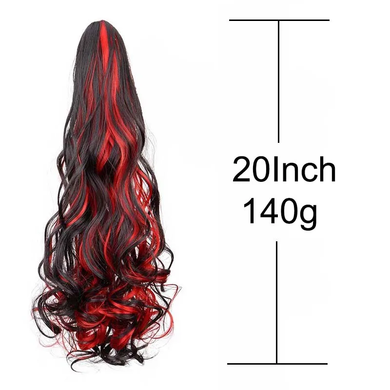 20Inch Synthetic Long Curly Ponytail Claw Clip in Hair Extension Highlight Blue Red Hairpiece for Women