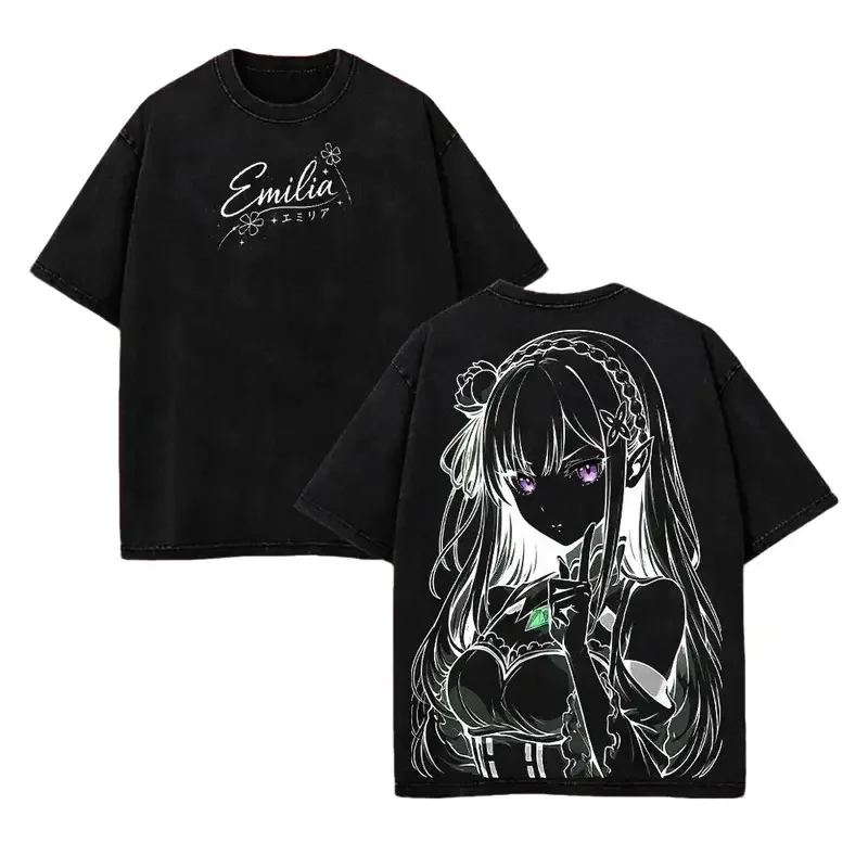 Emilia Print T-shirt Anime Re ZERO Starting Life In Another World Clothing Men Women Cotton Tshirts Washed T Shirt Harajuku Tops