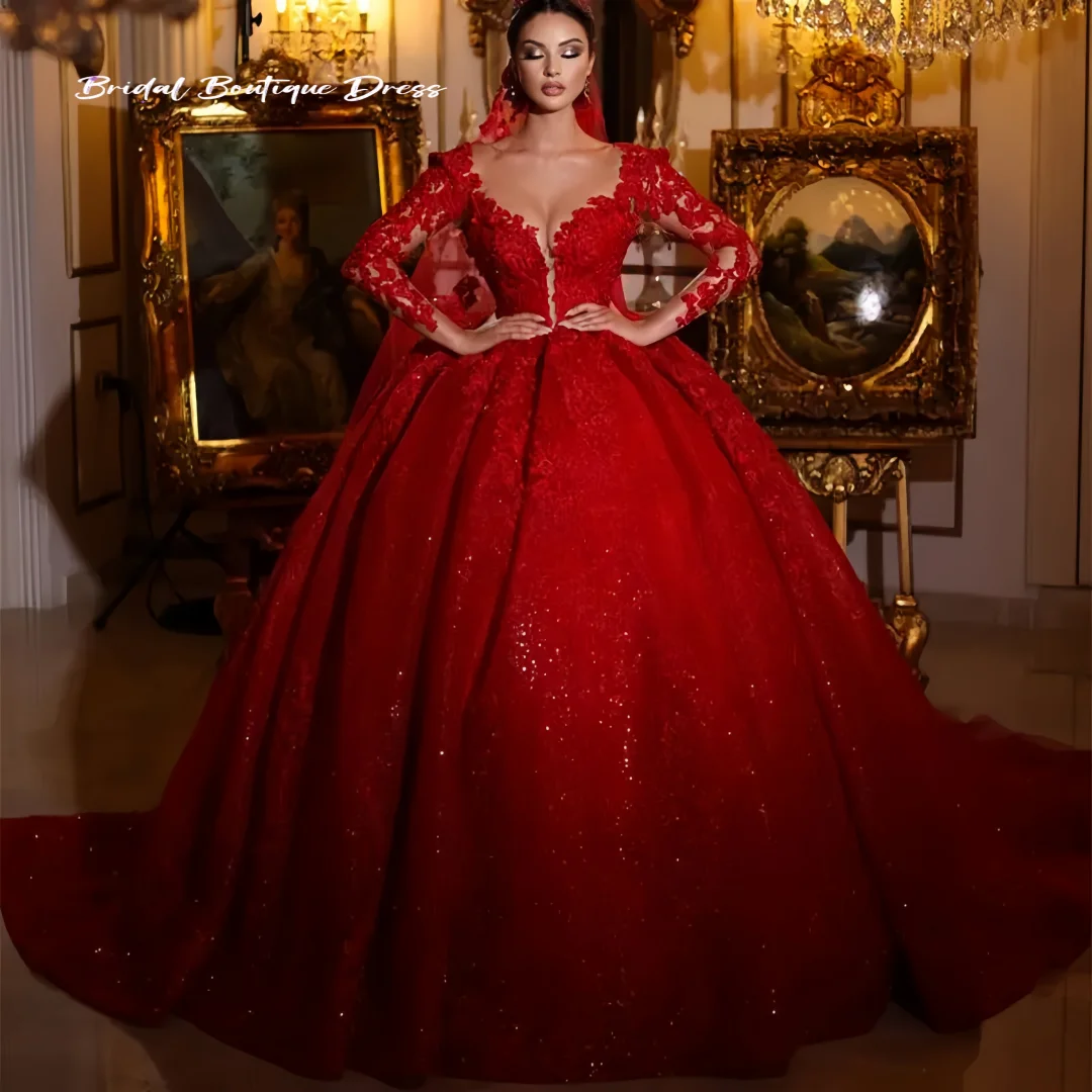 

Customized Gorgeous Lace Red Wedding Dresses Sparkly Women MarriageBridal Gowns Ball Gown Long Sleeves Train Vestido De Novia