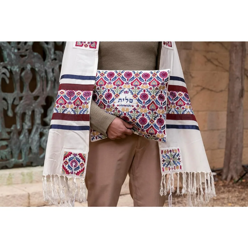 ชุดผ้าคลุมไหล่ปักลายไหมพร้อมยาร์มุลเกะและกระเป๋า ลายแบบตะวันออกสำหรับพิธีกรรมของชาวยิว