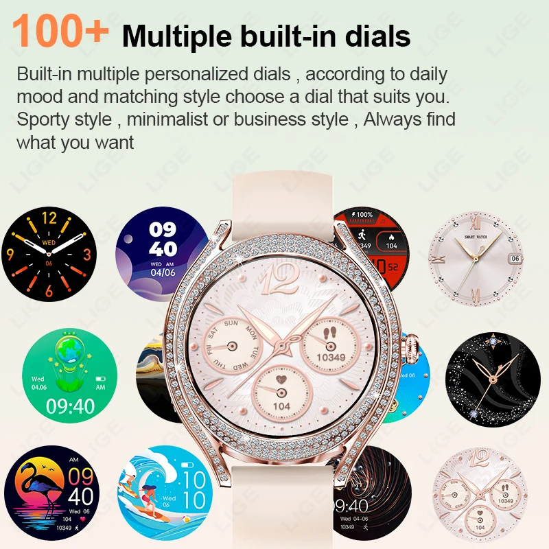 LIGE New Women Smart Watch 1.28 Inch Sports Fitness Bracelet BT HD Calling Clock Waterproof Diamond Case Fashion Smartwatch 2024