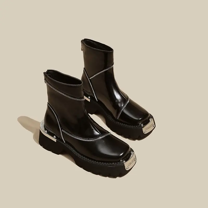 Thick-soled Martin Boots Women\'s Autumn and Winter British Style Square Toe Plus Velvet Boots Retro Metal Functional Wind Boots