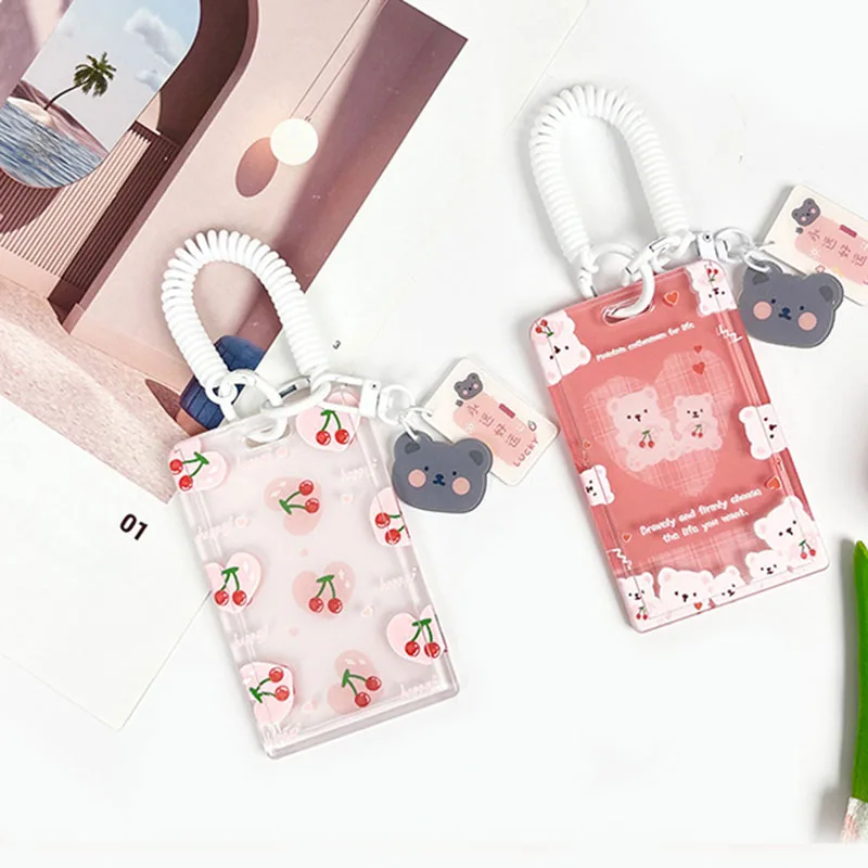 

Family Photo Card Holder Case Sweet Chic Kpop Photocard Protector Kawaii Cartoon Bear Cherry ID Bus Card Holder Lanyard