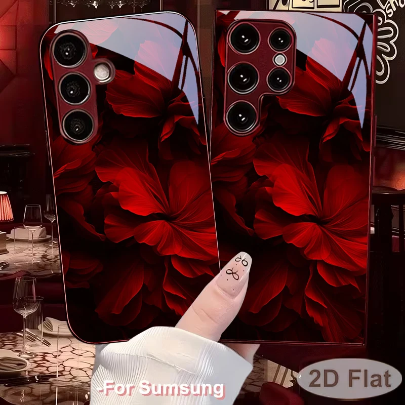 Burgundy Floral Overlay Electroplated Wine Red Glass Phone Case For Samsung S26 S25 Edge S24 S23 S22 S21 Ultra Plus FE 26+ Cover