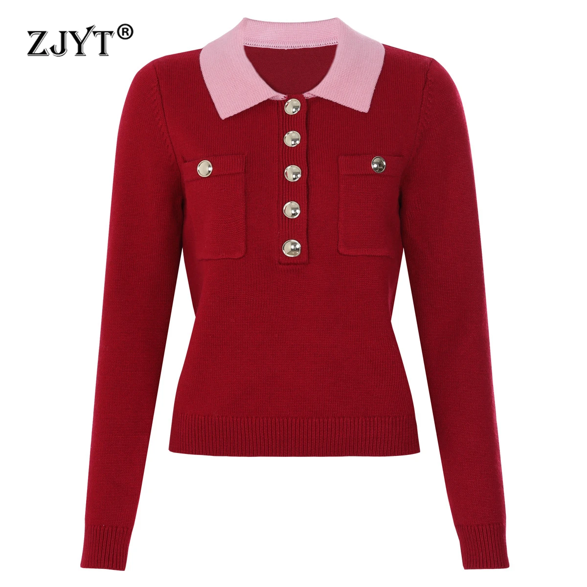 

ZJYT 2026, весенние новые модные пуловеры для женщин, трикотажные топы с длинными рукавами и отложным воротником, красные повседневные базовые трикотажные изделия