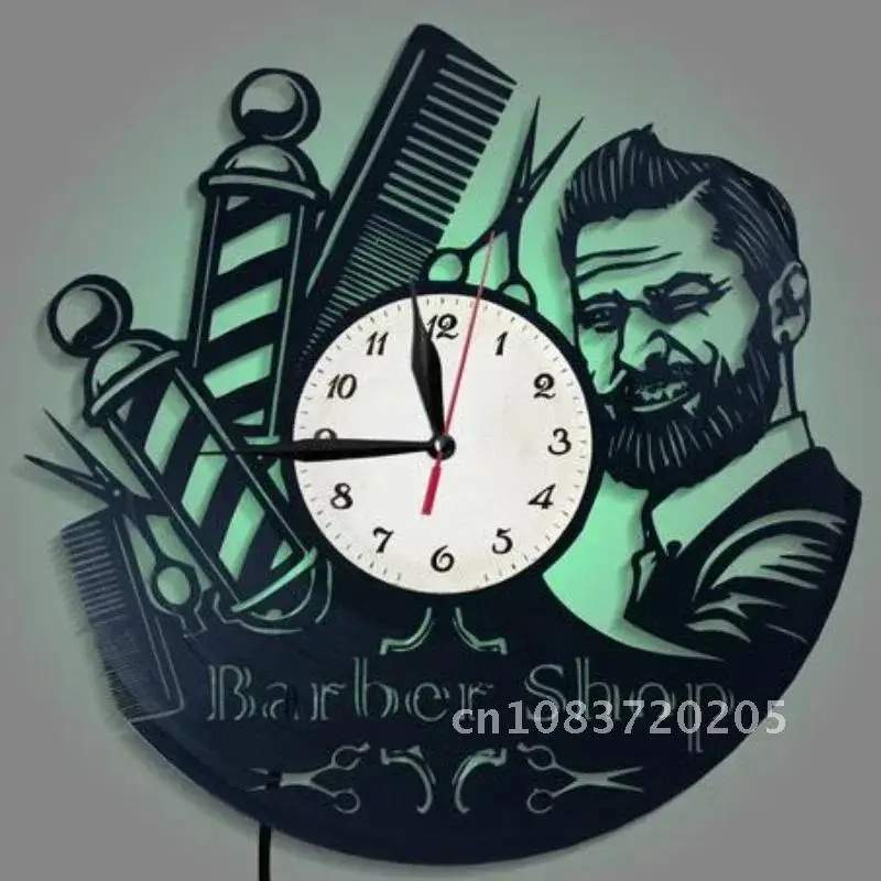 Barber Fashion Art Wall Clock Remote Control LED Night Light Home Decoration Barber Shop Creative Gift Decoration Clock