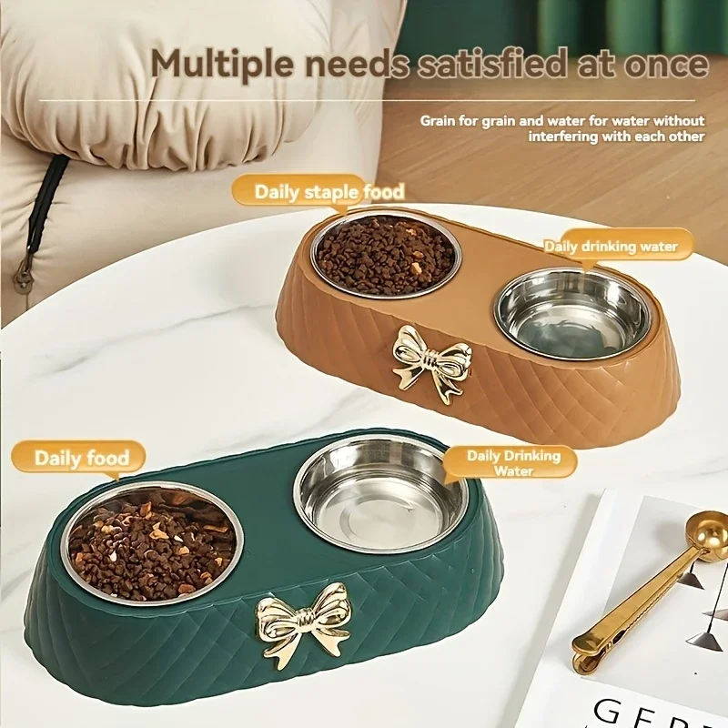 

Pet Supplie Bow Tie Cat Food Bowl PP Base Dog Bowl Stainless Steel Double Layer Pet Accessories Feeding and Drinking Accessories