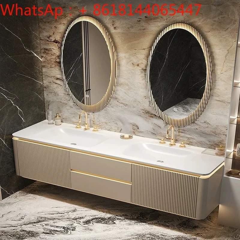 Mueble de baño de doble lavabo, losa de roca, lavabo integrado doblado en caliente, mueble de lavabo combinado de roble para baño