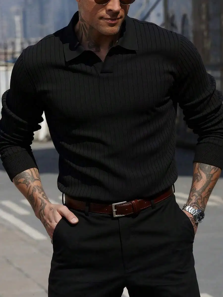 

Men's Slim Fit Ribbed Knit Long Sleeve Polo Shirt, Black, Casual Office Wear