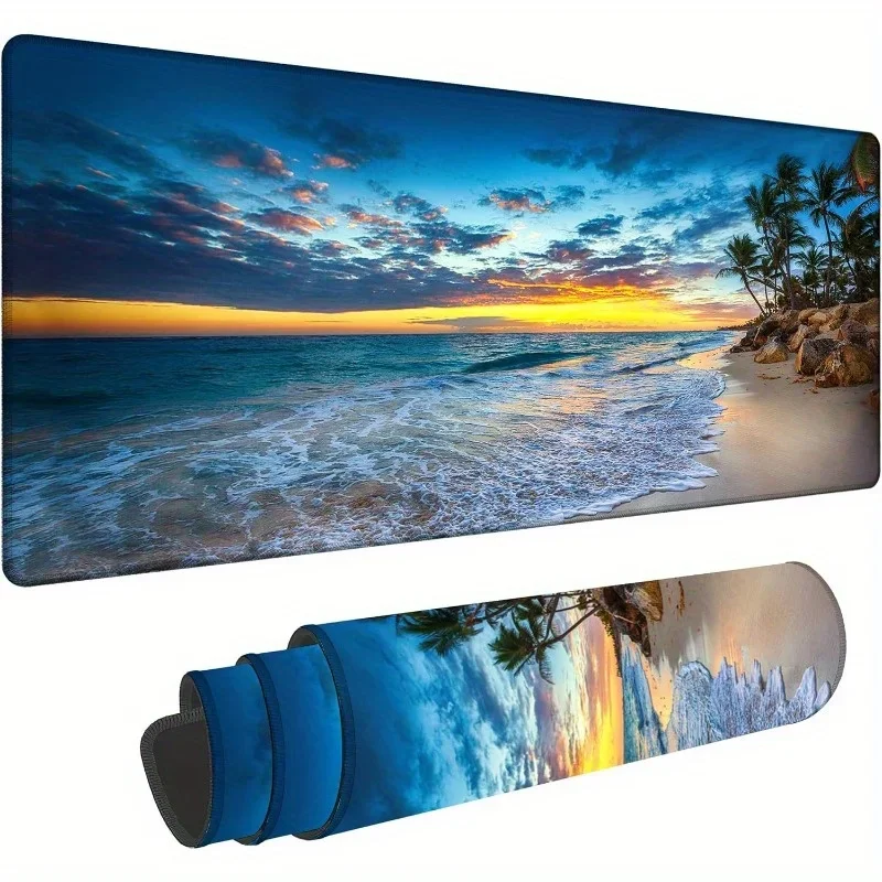 Sommer Strand LargePalm Tree Sunset Mauspad Gummi rutschfeste Schreibtischunterlage Hochwertiges Material Gaming-Matte Mauspad mit Schlosskante