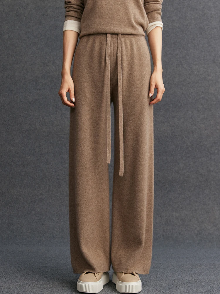 TLOML New Women's 100% Cashmere Knitted Wide Leg Pants Autumn Winter Thick Soft Warm Cashmere Lazy Casual Elastic Knit Trousers