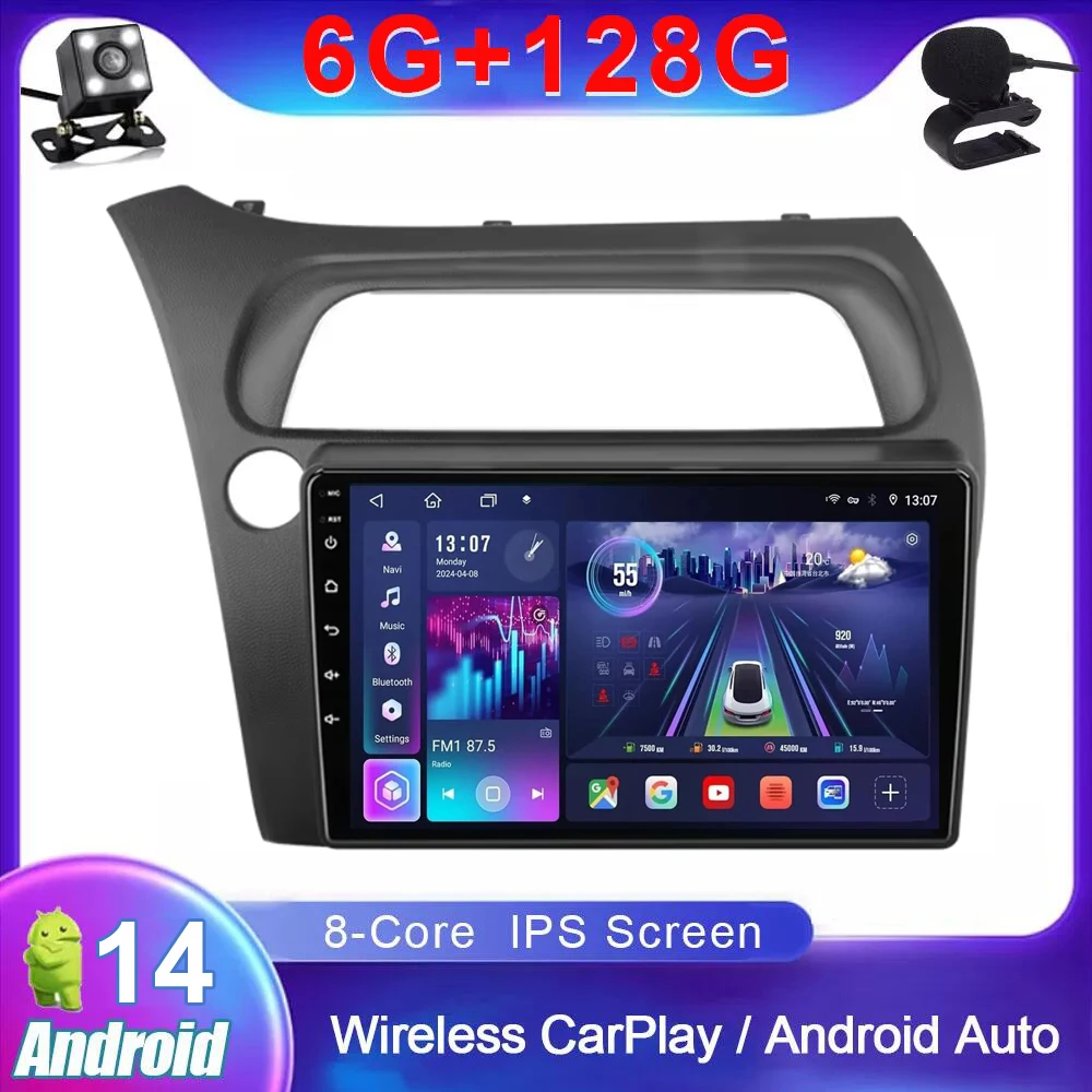 4G+64GB Car Radio Multimedia Video For Honda Civic Hatchback 2006 2007 2008 - 2011 Android 14.0 Autoradio Carplay Head Unit