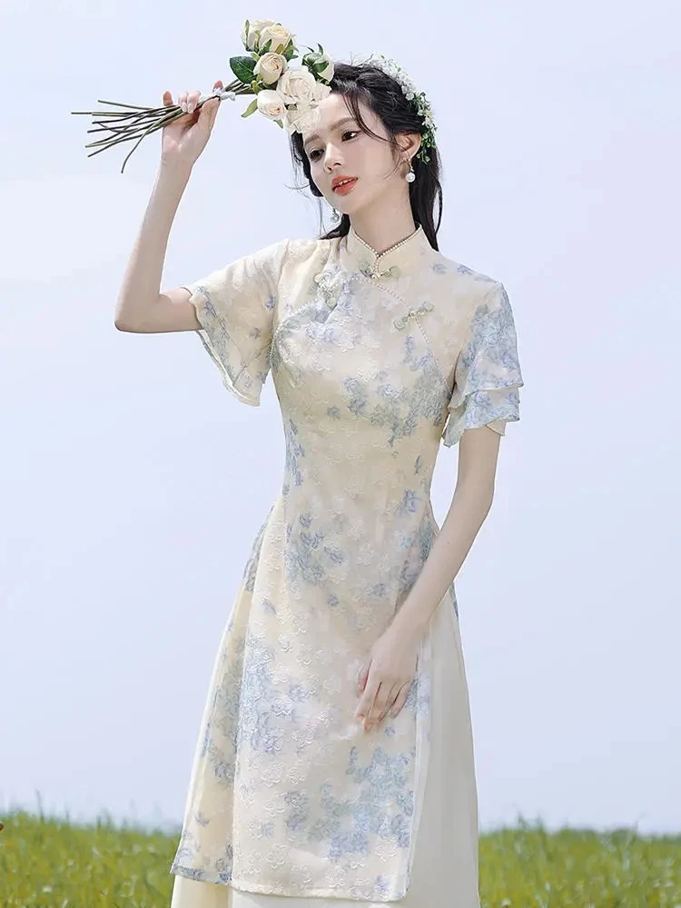 

Elegant Retro Young Lady Beautiful Qipao Dress Retro Hanfu Tea Art Party Dress Traditional Vietnam Ao Dai Women Lace Aodai Dress