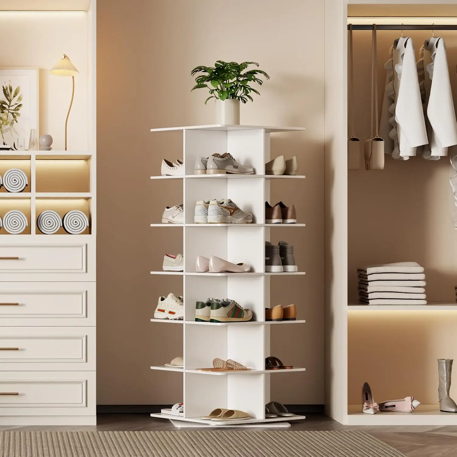 Spinning Shoe Rack Tower Six Tier Storage Organizer White