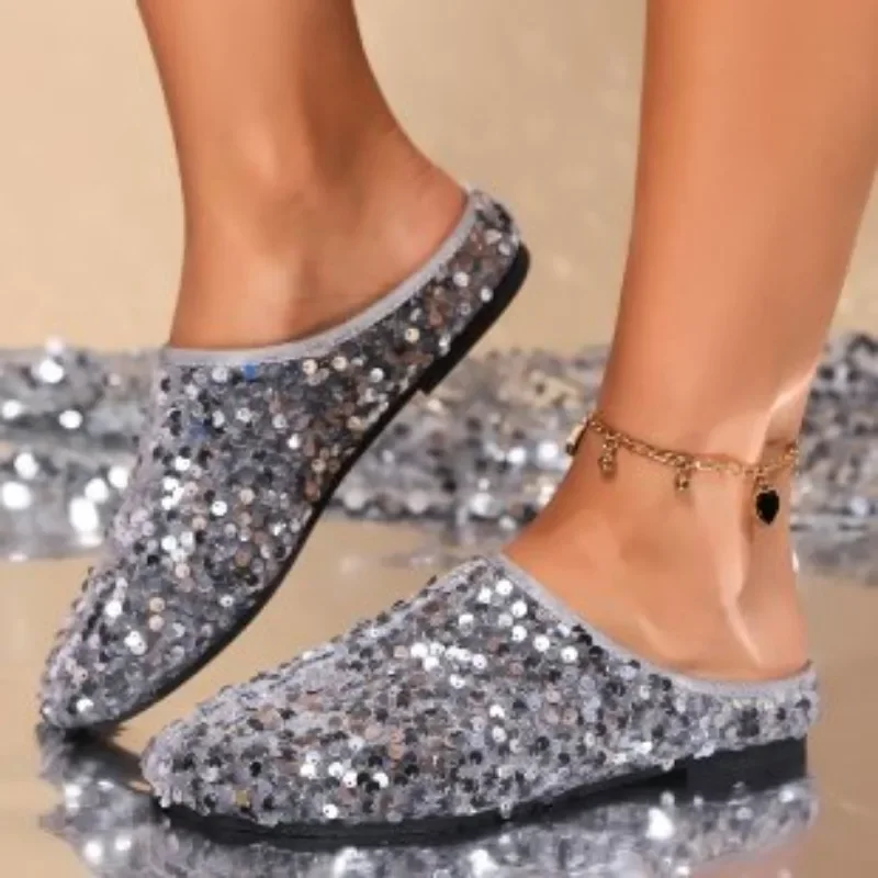 2024 Plus Size Ladies Flats Shoes Closed Toe Women's Slippers Outdoor Casual Slippers Women Round Toe Bling Flat Women's Sandals