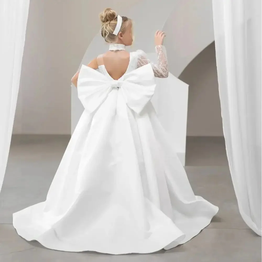 

Элегантное платье с цветочным узором для девочек по индивидуальному заказу на свадьбу, атласное платье с открытой спиной и блестящими пайетками и бантом, платье принцессы для подружки невесты на день рождения