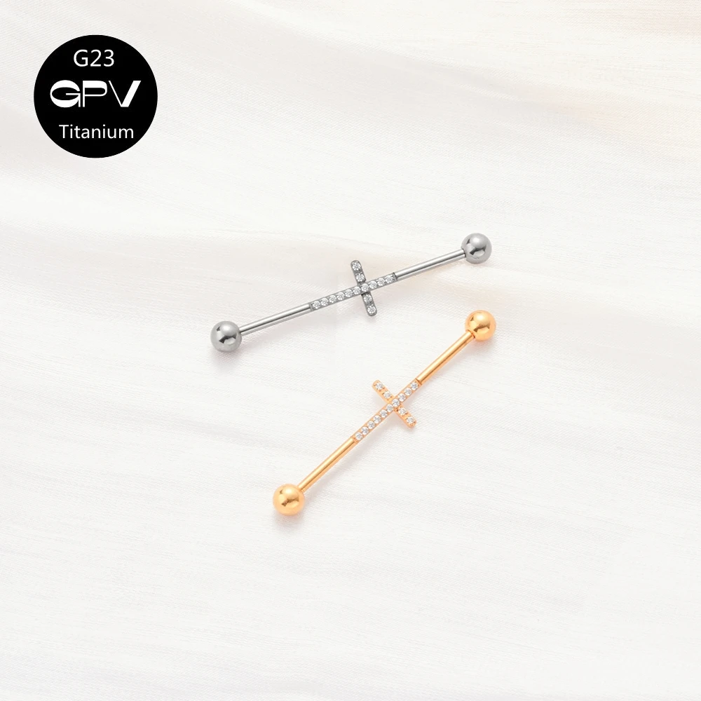 G23 Titanium Ear Bone Nail 38mm Two Ear Holes Connected Piercing Jewelry Zircon Cross Ear Nail Ear Bridge Rod