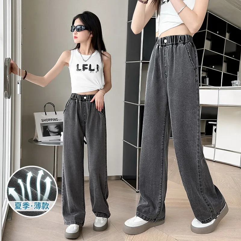 Stylish Girls' Summer Thin Wide Leg Jeans Kids Fashion Casual Straight Fit Denim Pants Children Cowboy Style Trousers for 4-14 Y