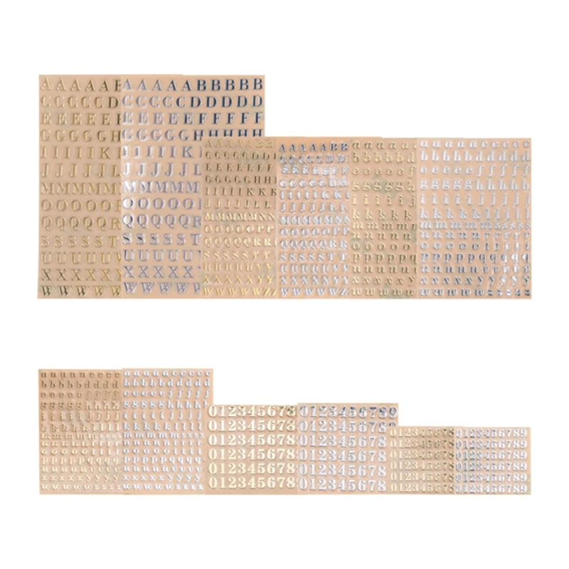 12 Sheets Letter Resin Stickers, Small Alphabet Number Stickers, Alloy, Self Adhesive, Gold and Silver, 3mm/4.5mm Tall-A51M