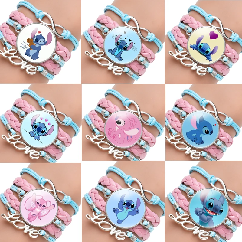 Stitch Bracelet Anime Disney Stitch Print Children Jewelry Wristband Multilayer Leather Pink Blue Bracelet Kids Toys Girls Gift