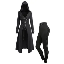 2024 Fashion Women's Coats and Pants Sets Punk Gothic Hooded Coat and Buckle Grommet Waist Long Pants Outfit Vintage Suit