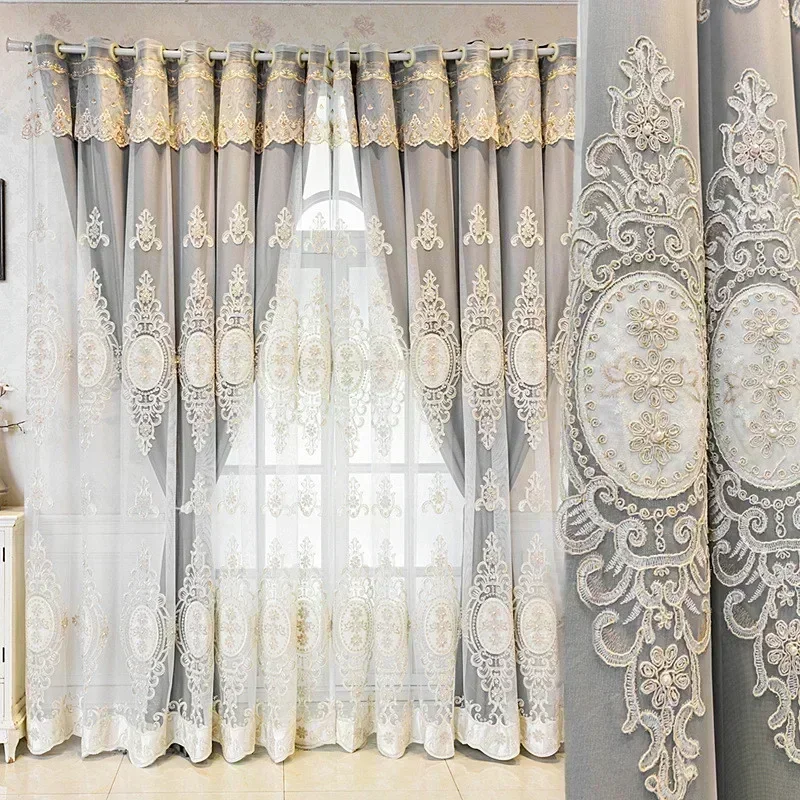 Luxury 3D Floral Embossed Curtains for Living Room Bedroom Decor Blackout Double Layer Sheer Pearl Embroidered Lace Tulle Custom