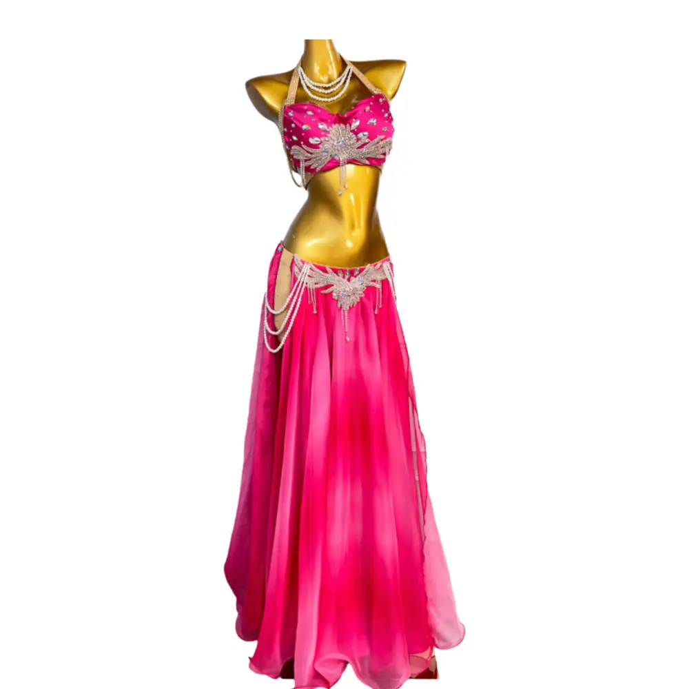 

Belly Dance Competition Women's High-end Skirt Rose Red with Rhinestones European and American Stage Performance dress