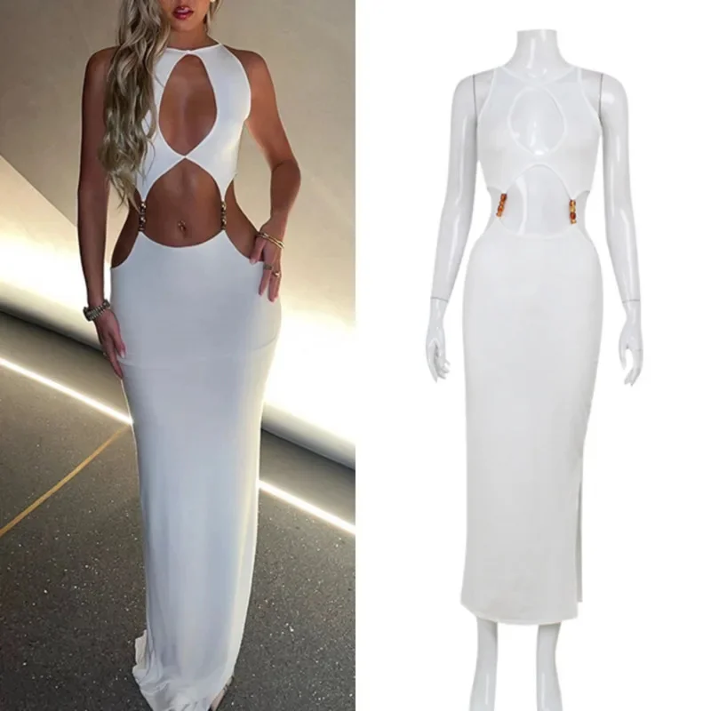 

Sexy Sleeveless Dresses Women Eur Us Ru Exposed Waist Temperament Milk Silk Mini Long Dresses Hollowed Out Backless Dresses New