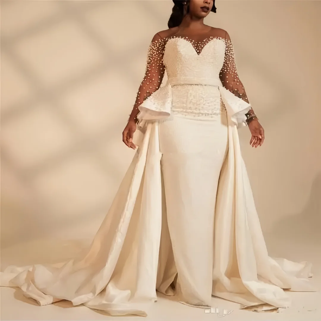 Customzied  Long Sleeves  Size Mermaid Wedding dresses Overskirt Pearls Removable Beaded Illusion  Bridal Gowns Vestido De Novia