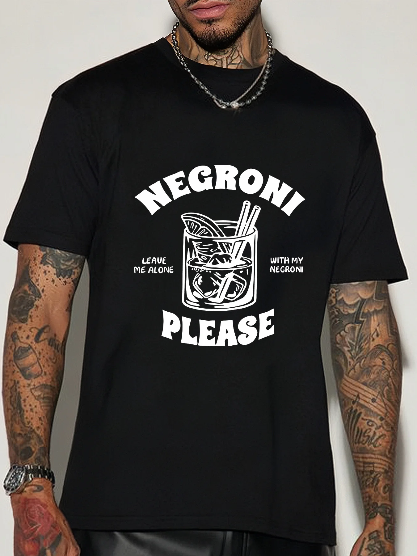 Cocktail Lover Mens Crew Neck Cotton T Shirt Negroni Please Glass Sketch Print Short Sleeve Bar Party Casual Street Fashion Top