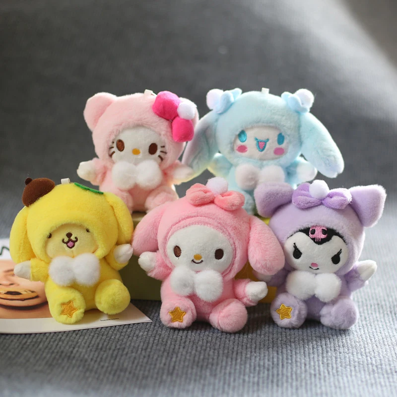 1PCS 12cm Kawaii Hello Kitty Kuromi Melody Pompom Purin Cinnamoroll Plush Doll Toys Pendant Cute Plush Keychain Bag Pendant