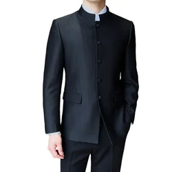 Men Chinese Style Slim Fit Stand Collar Wedding Groom Wear Party Ceremony Tuxedo 2 Pieces Suits Sets Jacket Pant Costume