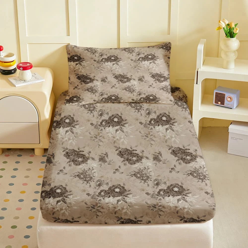 1pc Vintage Dark Rose Print Fitted Sheet Deep Pocket Elastic Mattress Cover Single Double Queen King Bedroom Decor