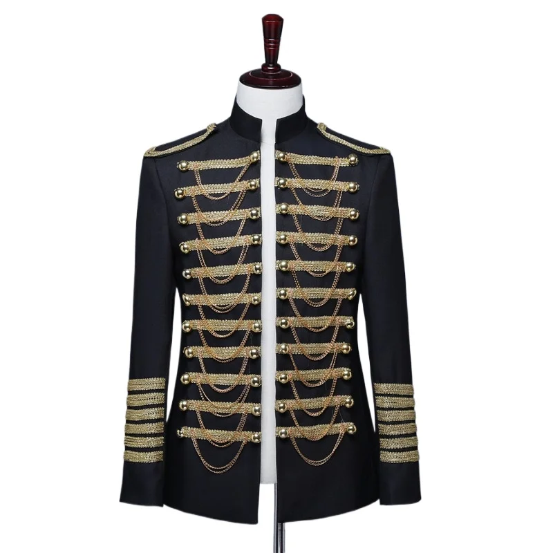 2025 Fashion Mens Military Dress/suit Jacket,bar Nightclub DJ Black and Red with Metal Chain European Court Performance Clothing