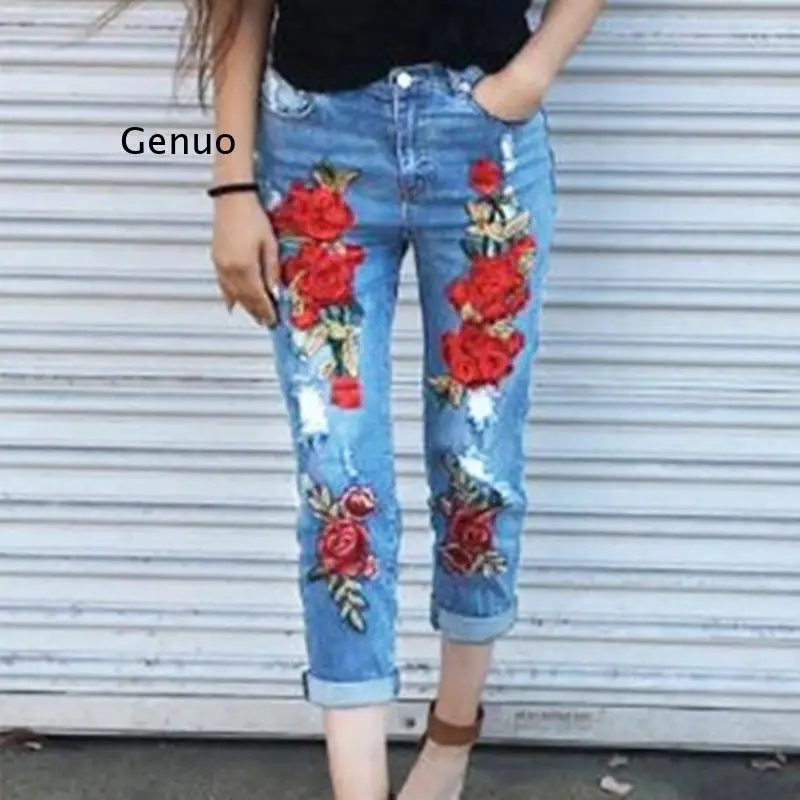 

Mom jeans embroidered denim pants trousers boyfriend jeans for women Korean style rose ladies jeans female 2018 new