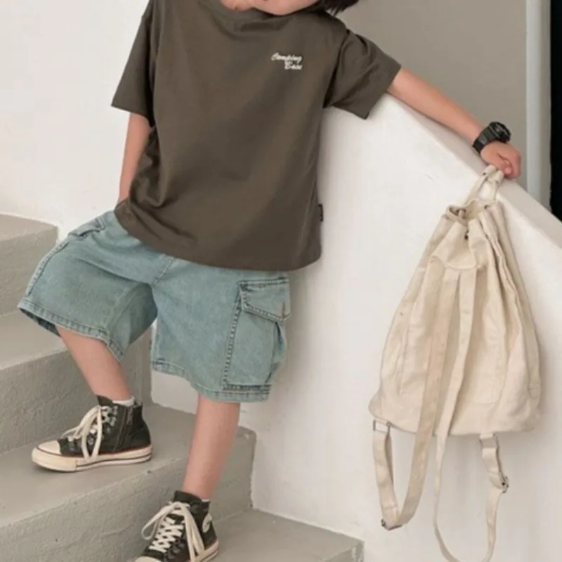 Boys Denim Cargo Shorts Summer Kids Cropped Pocket Jeans Shorts Toddler Boys